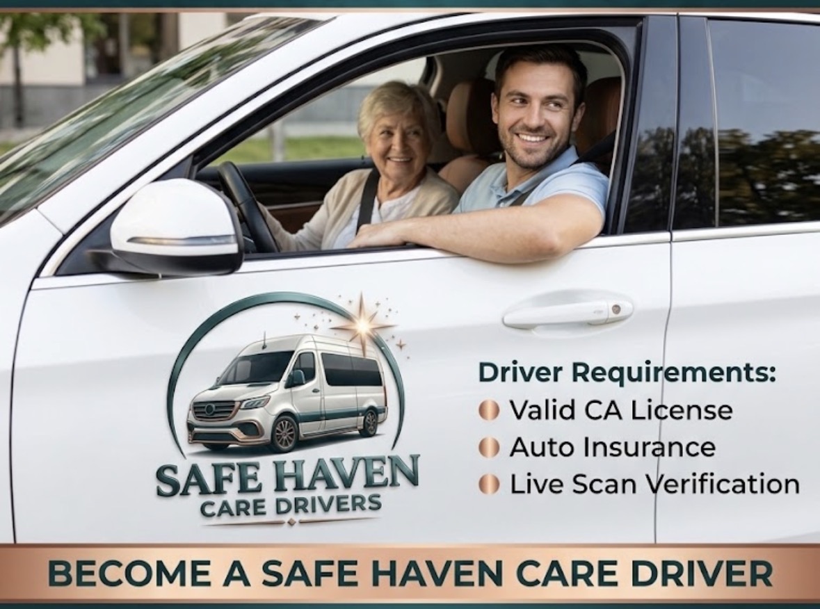SafeHaven Care Driver with a senior passenger — become a Safe Haven Care Driver