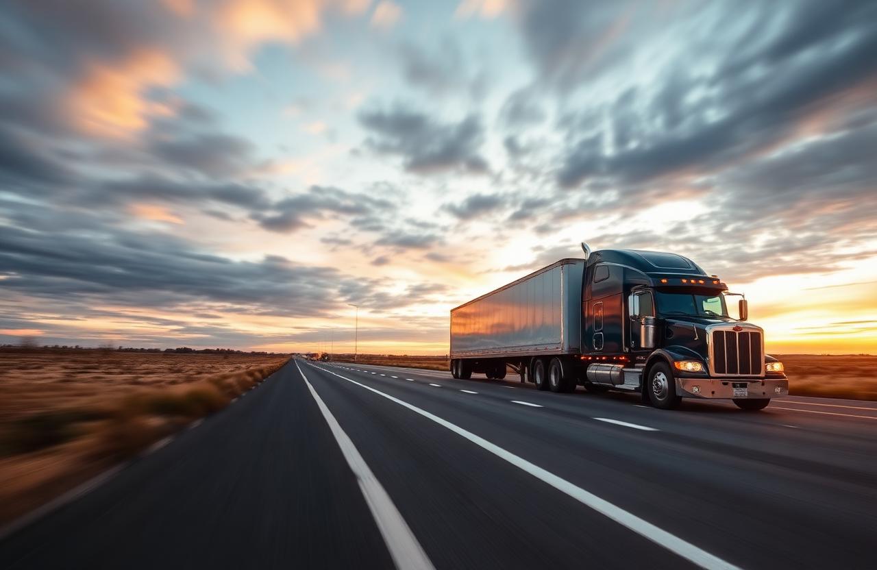 Semi truck driving on highway at sunset